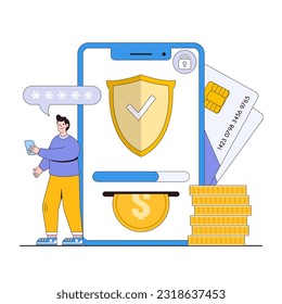 Secure mobile transactions vector illustration concept with characters. Mobile payment security, secure in-app purchases, transaction encryption. Modern flat style for landing page, infographics.