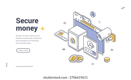Conceito de dinheiro seguro para segurança financeira, serviços bancários digitais e transações on-line seguras com cartão de crédito, bloqueio e moedas. Modelo de vetor de banner web isométrico moderno para site e aplicativo