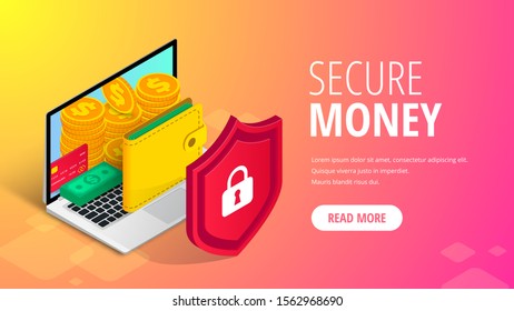 Secure money concept isometric. 3d gold coins stack, credit card, money bundle, purse on laptop screen. Digital cash, internet banking symbol for web, online apps, design. Vector illustration