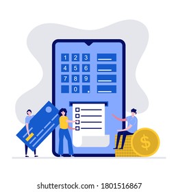 Transferencia segura de dinero en el concepto de internet con carácter. Personas usando smartphone y tarjeta de crédito. Ilustración vectorial moderna en estilo plano para página de inicio, aplicación móvil, banner web, imágenes de héroes.