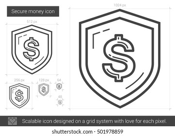 Secure money vector line icon isolated on white background. Secure money line icon for infographic, website or app. Scalable icon designed on a grid system. Secure money vector line icon isolated on white background. Secure money line icon for infographic, website or app. Scalable icon designed on a grid system.