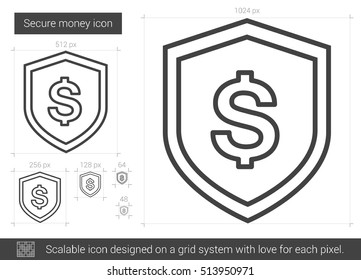 Icono de línea vectorial de dinero seguro aislado en fondo blanco. Icono de línea de dinero seguro para infografía, sitio web o aplicación. Icono escalable diseñado en un sistema de cuadrícula.