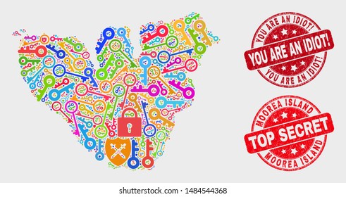 Secure Moorea Island map and seal stamps. Red round Top Secret and You Are an Idiot! grunge stamps. Bright Moorea Island map mosaic of different key symbols. Vector composition for security purposes.