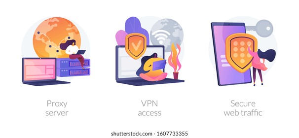 Secure network connection and privacy protection. Internet service provider. Intranet access. Proxy server, VPN access, secure web traffic metaphors. Vector isolated concept metaphor illustrations.