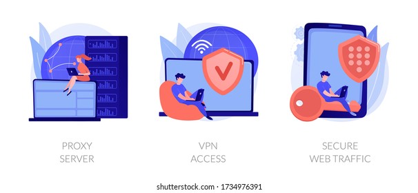 Secure network connection and privacy protection. Internet service provider. Intranet access. Proxy server, VPN access, secure web traffic metaphors. Vector isolated concept metaphor illustrations.