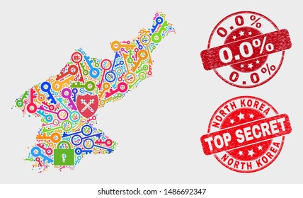 Secure North Korea map and seal stamps. Red round Top Secret and 0.0% textured seal stamps. Bright North Korea map mosaic of different guard symbols. Vector composition for safety purposes.