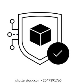 Icono de reconocimiento de objetos seguro: escudo con circuito y cubo, que representa el análisis de objetos en 3D, la seguridad de datos y la seguridad visual