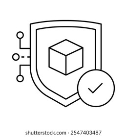 Icono de reconocimiento de objetos seguro: escudo con circuito y cubo, que representa el análisis de objetos en 3D, la seguridad de datos y la seguridad visual