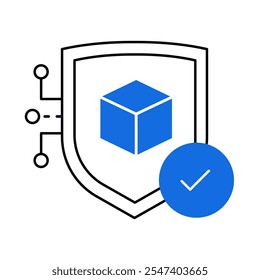 Icono de reconocimiento de objetos seguro: escudo con circuito y cubo, que representa el análisis de objetos en 3D, la seguridad de datos y la seguridad visual