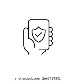 Secure online activity, verified user access, trusted remote work, protected browsing, approved device usage. Shield, checkmark and phone. Pixel perfect, editable stroke vector icon