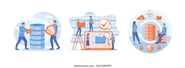 Secure online data storage service. Manage files in an organized manner. People store files on servers connected to cloud computing. Database concept. Set flat vector illustration.