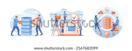 Secure online data storage service. Manage files in an organized manner. People store files on servers connected to cloud computing. Database concept. Set flat vector illustration.