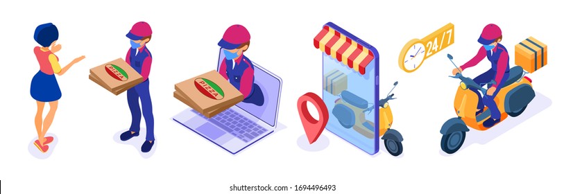 secure online food order and package delivery service food shipping isometric courier in mask pandemic quarantine protection covid-19 with pizza and scooter girl receives order isometric vector