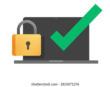 Secure online lock check mark on laptop computer vector icon, protected pc access via padlock verified flat cartoon, internet protection technology, digital electronic security, cyber privacy symbol