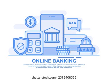 Sicheres Online- oder Mobile Banking-Konzept, flache Vektorgrafik mit Notebook, Rechner, Kreditkarte, Schild, Schloss und Padlock