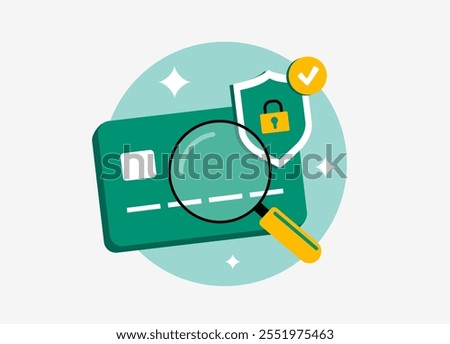 Secure online payment concept with credit card, magnifying glass and shield icon. Fraud detection, transaction security, digital payment safety and anti-fraud system modern flat vector illustration