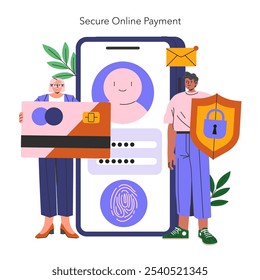 Secure online payment concept. Digital transaction and data protection with characters holding a credit card and shield. Vector illustration.