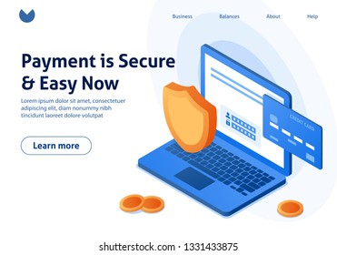 Secure online payment for e-commerce isometric vector illustration. Money transfer via Internet concept with laptop and credit card. Safe bank transaction app with id verification.