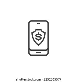 Secure online payment line icon. Phone with shield and dollar linear style sign for mobile concept and web design. Mobile money protection outline vector icon. Symbol, logo illustration. 