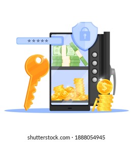 Secure online payment or storage, mobile money transfer business illustration with bank safe door, smartphone. Internet vault vector concept technology with coins, bills, key. Online payment banner