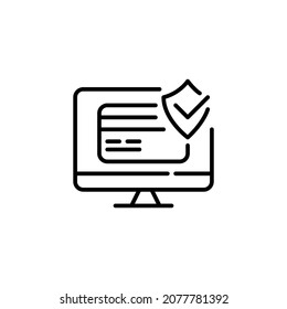Sicheres Online-Zahlungsverkehr-Symbol Kreditkarte mit einem Sicherheitsschild auf einem Computerbildschirm. Pixel perfekt, bearbeitbarer Hub