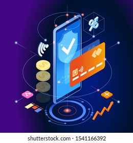 Secure online payment transaction. Internet banking with smartphone and credit card. Protection shopping wireless pay through smartphone. Page template. 3d isometric illustration