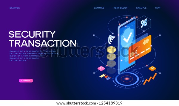 オンライン支払トランザクションのセキュリティ保護 スマートフォンとクレジットカードを使ったインターネットバンキング スマートフォンを使って買い物を保護するワイヤレスの料金を支払います ページテンプレート 3dアイソメイラスト のベクター画像素材