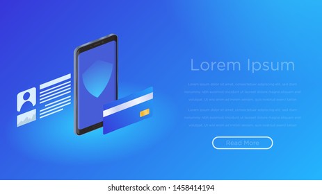 Secure online payment transaction with smartphone. Internet banking via credit card on mobile. Protection shopping wireless pay through smartphone.
