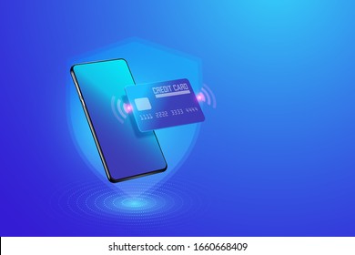 Secure online payment transaction with smartphone. Internet banking via credit card on mobile. Protection shopping wireless pay through smartphone vector illustration.