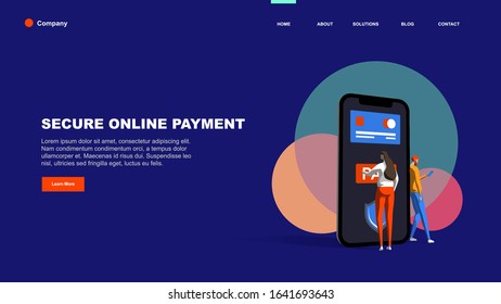 Secure online payment. Young man and woman are standing near big smartphone and using smart phones. Flat vector illustration isolated on dark blue background.
