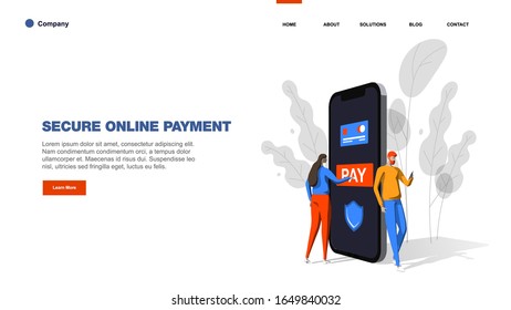 Secure online payment. Young man and woman are standing near big smartphone and using smart phones. Flat vector illustration isolated on white background.
