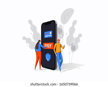 Secure online payment. Young man and woman are standing near big smartphone and using smart phones. Flat vector illustration isolated on white background.