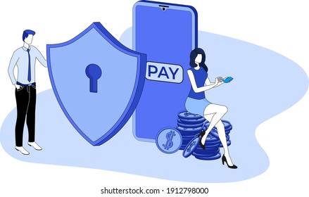 Secure online payments.The concept of secure online banking.Wireless online payment via smartphone.The application for the secure transfer of funds.3D image.Isometric vector illustration.