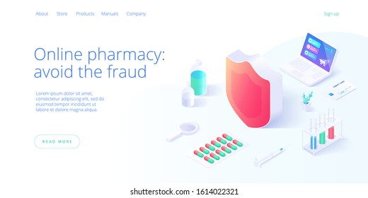 Secure online pharmacy or drug store shopping concept in isometric vector illustration. Background with medicines and equipment. Web banner layout template.