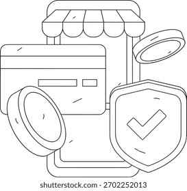 Secure online shopping experience with mobile payment, credit card, coins, and verified shield icon for digital commerce and financial safety