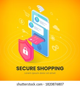 Secure Online Shopping Isometric Banner Concept. Safe Mobile Cashless NFC Payments, 3d Smartphone With Credit Card, Shield. Online Payment Protection, E-pay Vector For Web, Mobile App, Infographic, Ad
