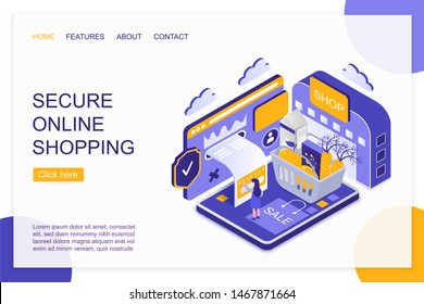 Secure online shopping isometric landing page vector template. Internet grocery store website layout. Epayment, e billing, digital purchases 3d concept illustration. Shopper buying products online