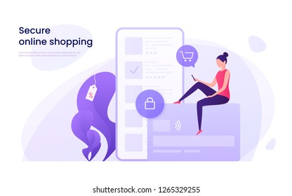 Secure online shopping, protected payments using credit card concept. Vector illustration.