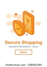 Secure Online Shopping. Shield and Device. Isometric Vector Icon - Illustration