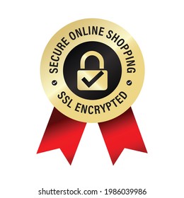 Secure Online Shopping, SSL Encrypted Vector Icon, Golden Badge With Red Ribbons