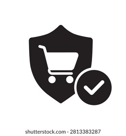 Secure online shopping vector icon in flat style with shopping cart, shield and check mark for protected ecommerce, verified payment, trusted checkout and safe online purchase isolated on white background