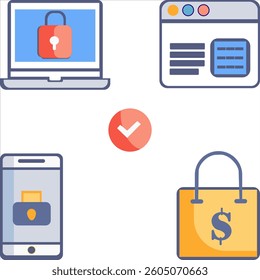 Secure Online Transactions and  Cybersecurity Icon Set  Flat Digital Vector Graphics