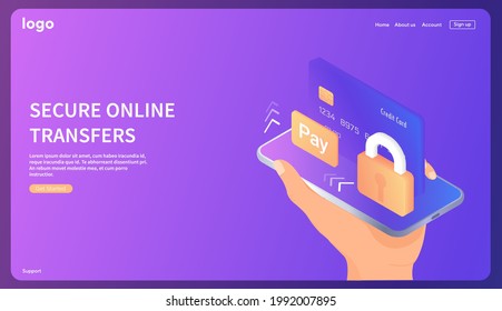 Secure online transfers. Online bank account. Data protection. Isometric. Database with cloud server, Data set, process, classification, database. Web banner. Landing page.