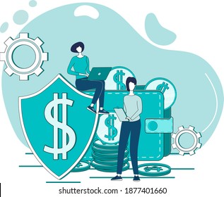 Secure online wallet.The concept of secure online banking.People on the background of a large wallet and a shield protecting them.secure online payments and transactions.flat vector illustration.