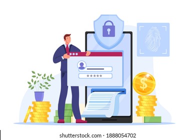 Cartera segura en línea, pago web, ilustración de tecnología de protección de dinero en internet con hombre, smartphone. Financiar transacciones seguras, autenticación con huellas digitales. Concepto de contraseña de cartera en línea