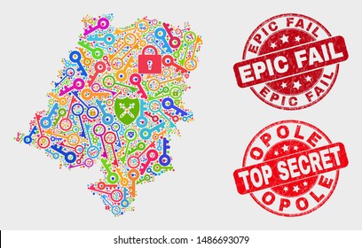 Secure Opole Voivodeship map and seal stamps. Red round Top Secret and Epic Fail grunge seal stamps. Bright Opole Voivodeship map mosaic of different administration elements.