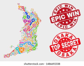 Secure Osaka Prefecture map and stamps. Red round Top Secret and Epic Win textured seal stamps. Bright Osaka Prefecture map mosaic of different secure elements. Vector collage for safety purposes.