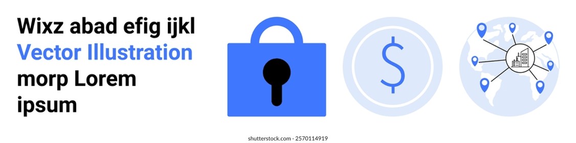 A secure padlock, a currency symbol, and a network icon with connected points. Ideal for cybersecurity, finance management, technology integration, and network connectivity. Banner for landing page