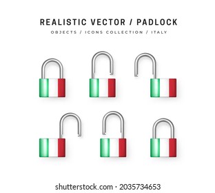 Secure padlock decorated with flag of Italy. Icons Set of closed and open locks. Isolation on white. Data protection, Security information, Border is Locked, Border is Open, Lockdown. 3d vector