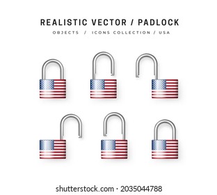 Secure padlock decorated with USA flag. Icons Set of closed and open locks. Isolation on white. Data protection, Security information, Border is Locked, Border is Open, Lockdown concept. 3d vector